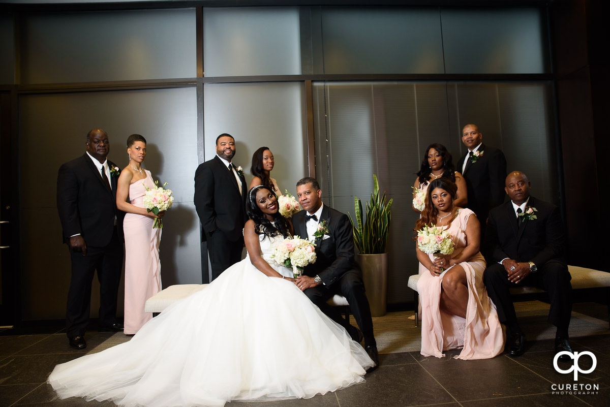 Wedding party in the lobby of The Commerce Club in Greenville,SC.