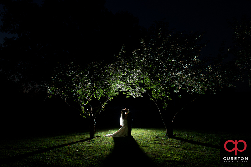 Epic backlit shot of a bride and groom underneath some trees after their wedding.