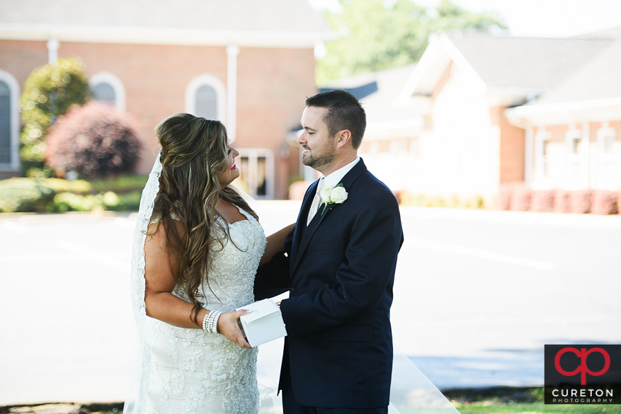 Bride and groom first look before their Cowpens SC wedding at Mountain View Baptist.