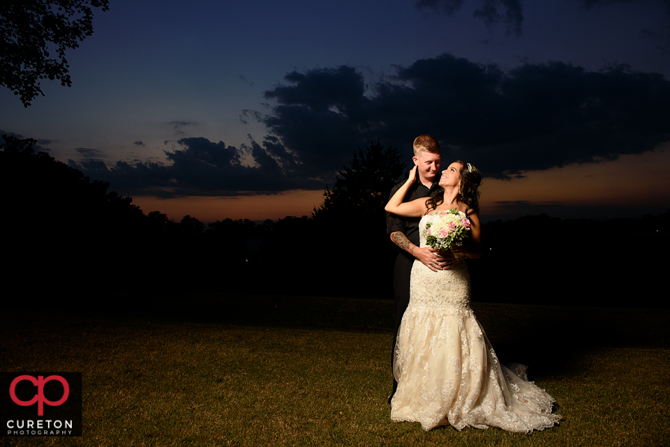 Bride and groom after their wedding at Furman university.