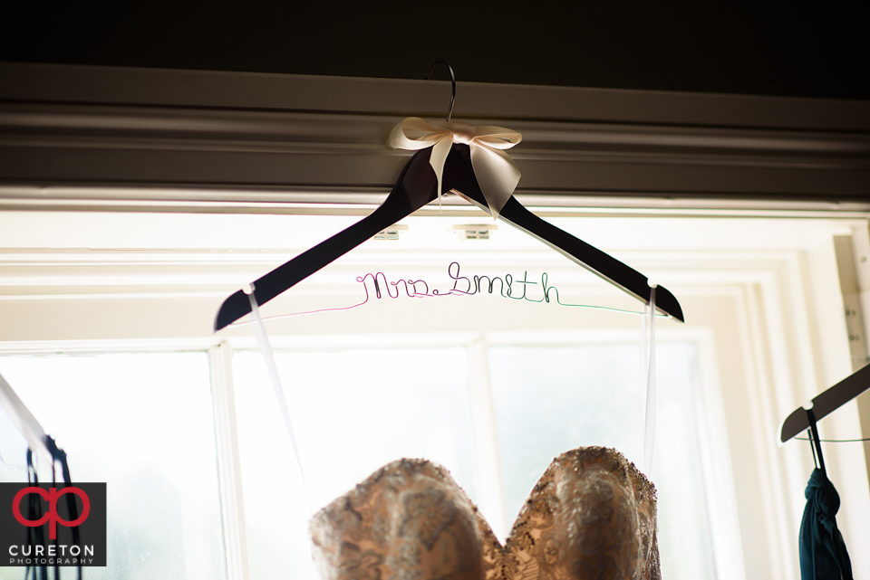 Brides customized dress hanger.