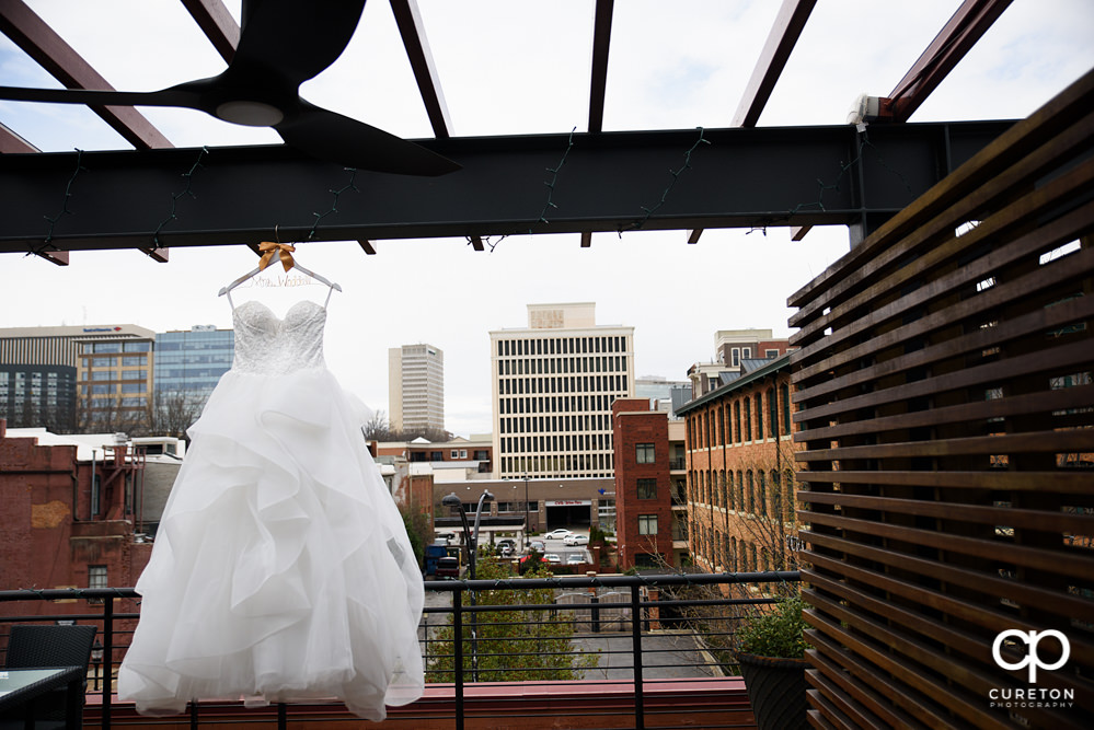 Bride's dress and Greenville skyline.