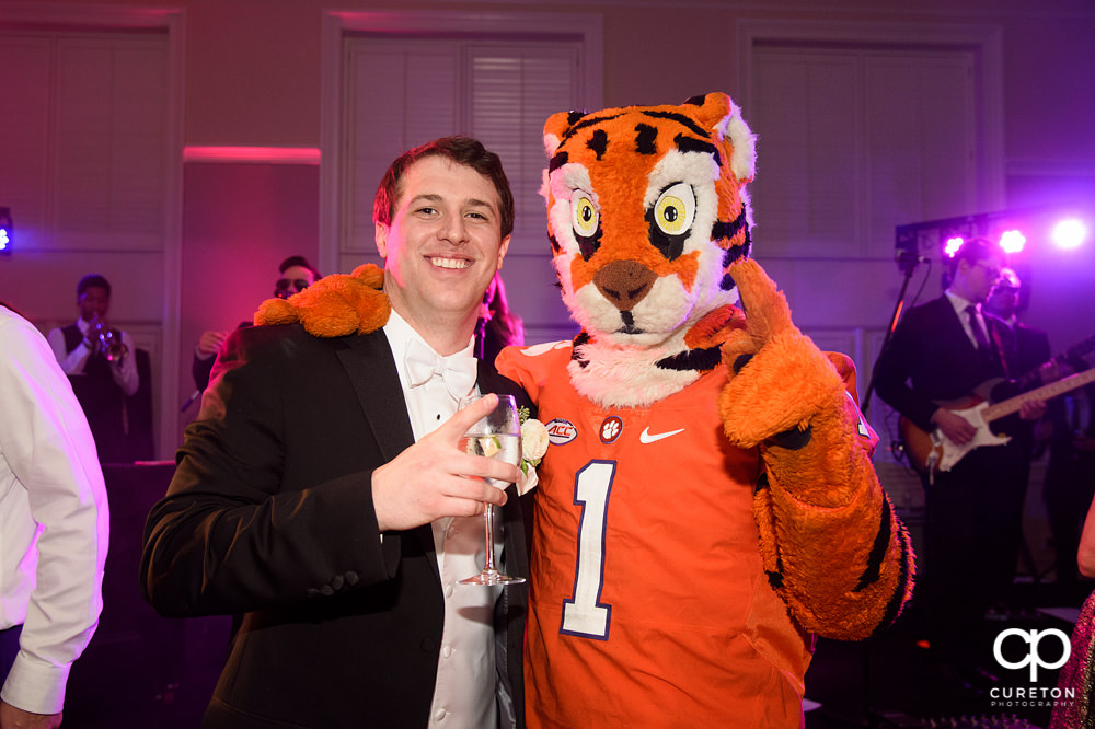 The Clemson tiger makes an appearance at the wedding reception.