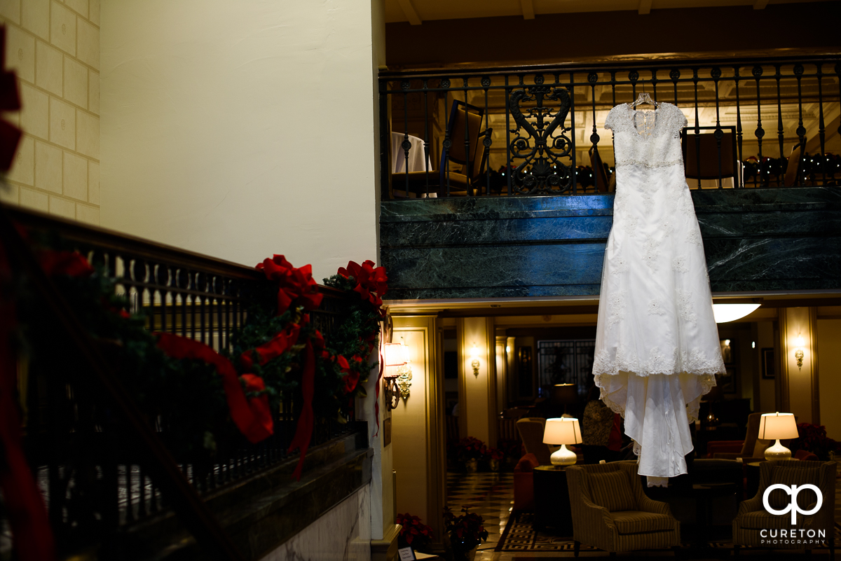 Bride;s dress hanging in the Westin Poinsett.