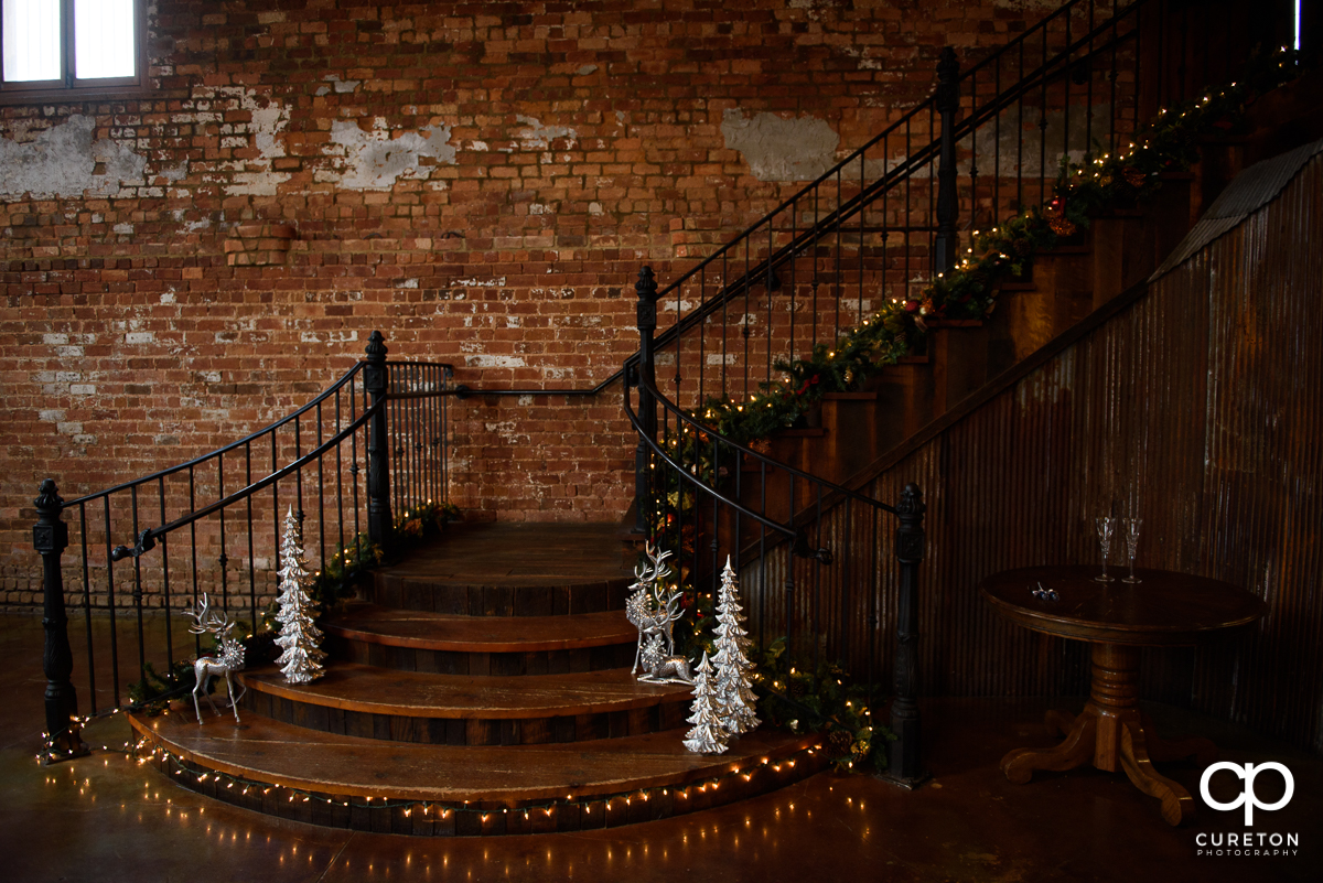 The staircase at The Old Cigar Warehouse setup for a December winter wedding.