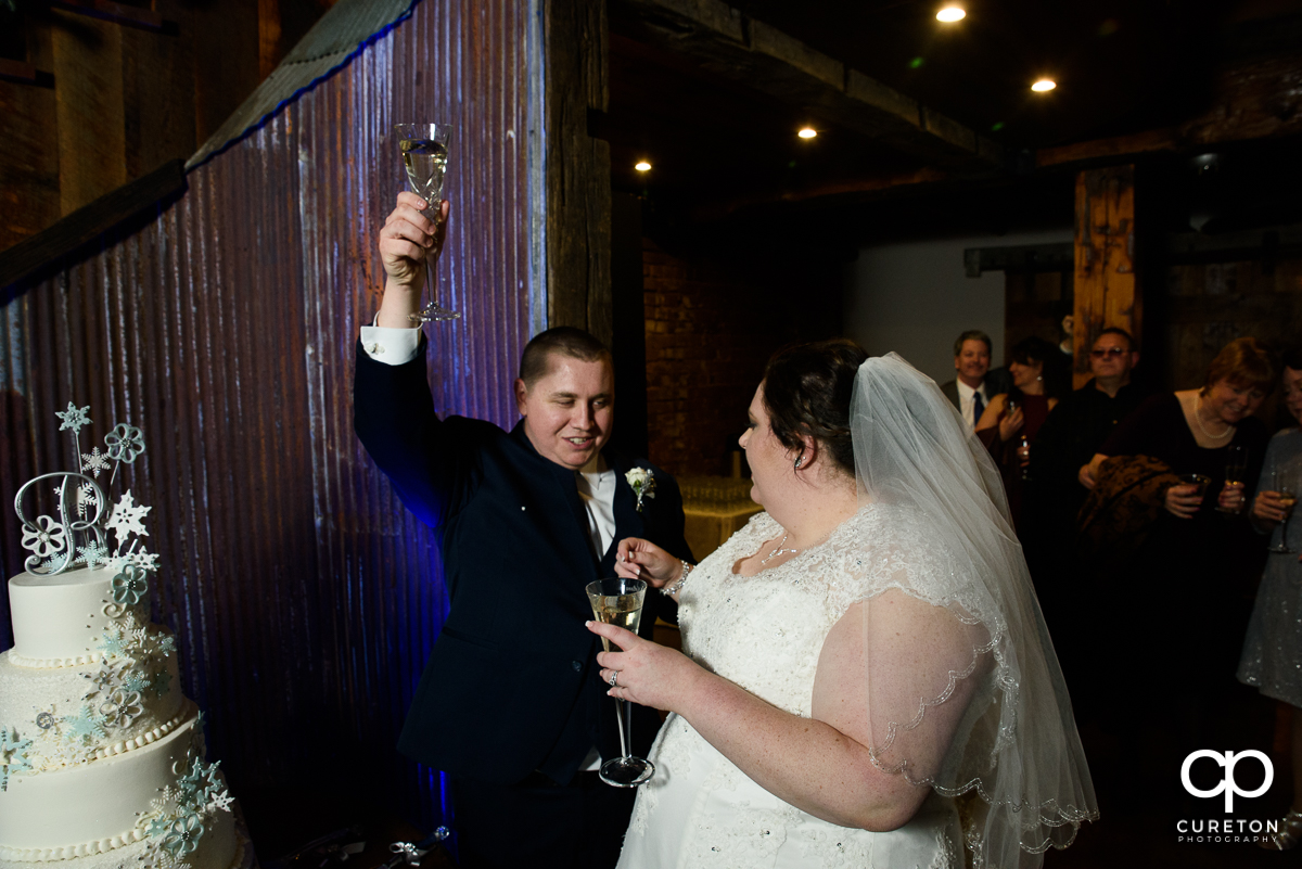 Bride and groom raising a toast.