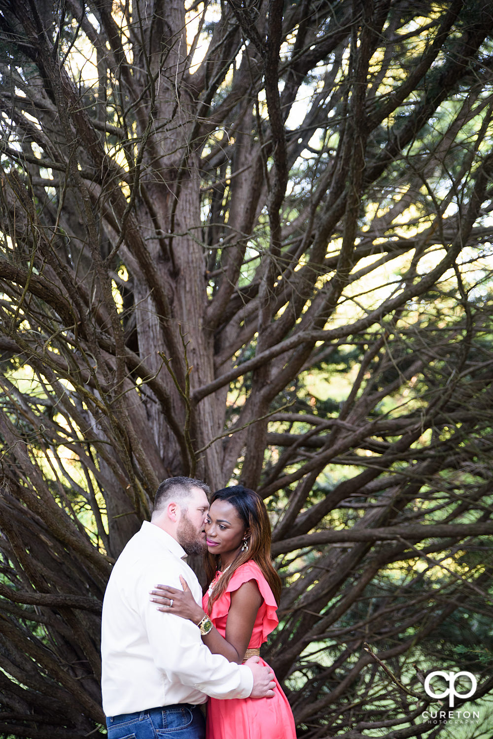 Bride and groom kissing in front of a tree.