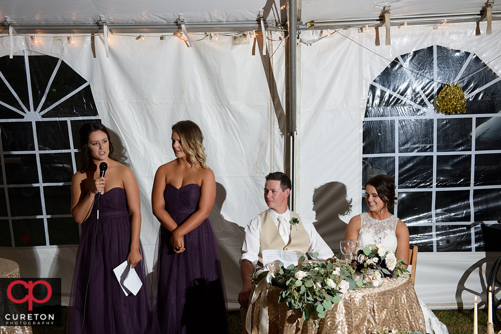 Sisters giving a toast at the wedding.