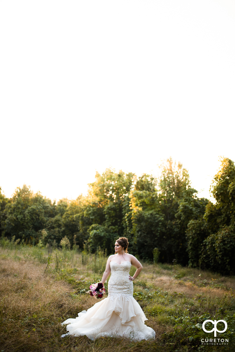 Bride walking in a field in Taylors,SC.