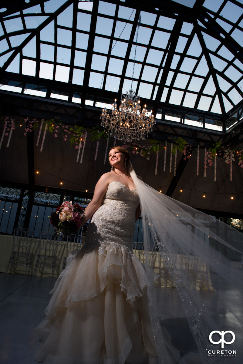Bride inside the conservatory at Edinburgh West wedding venue in Taylors,SC.