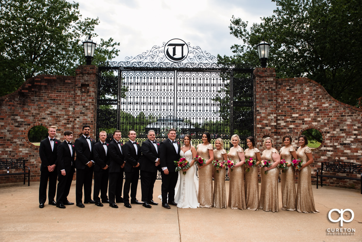 Wedding party in front of iron gates.