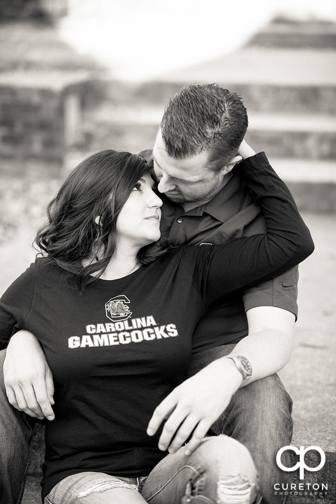 Black and white photo of an engaged couple.