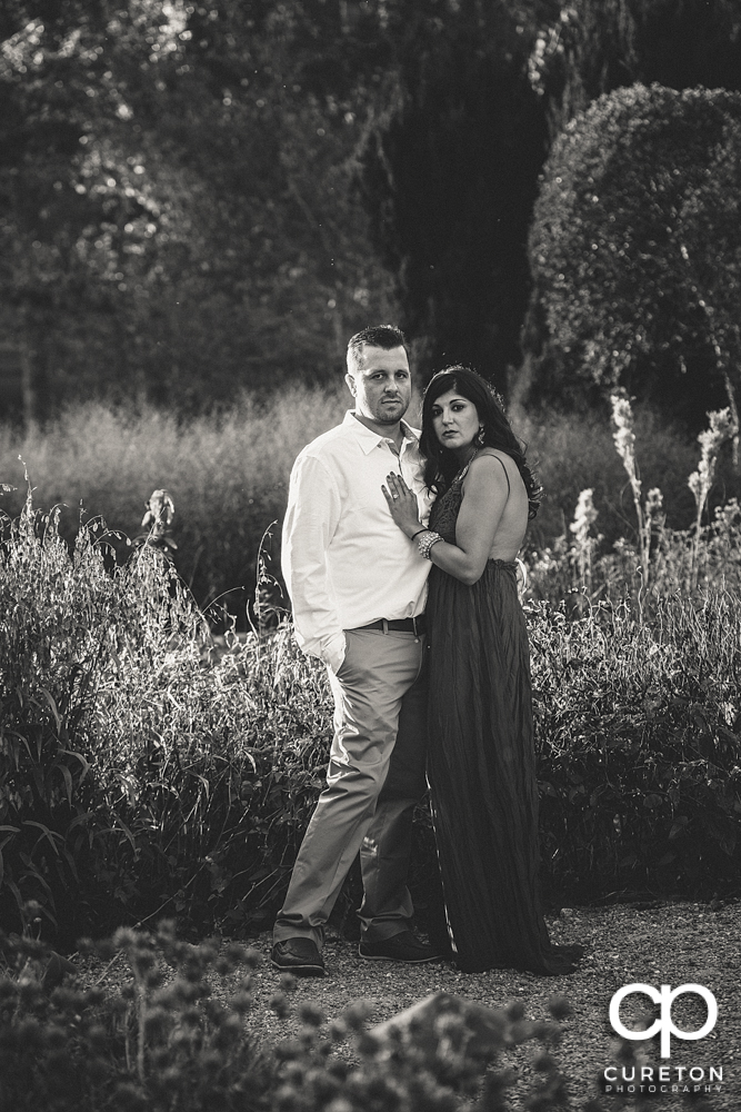 Black and white engagement photo at Furman university.