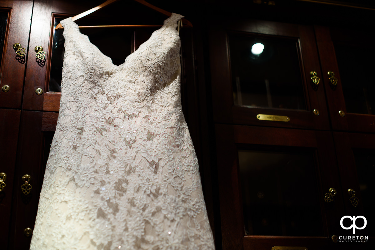 Closeup detail of the bride's dress.