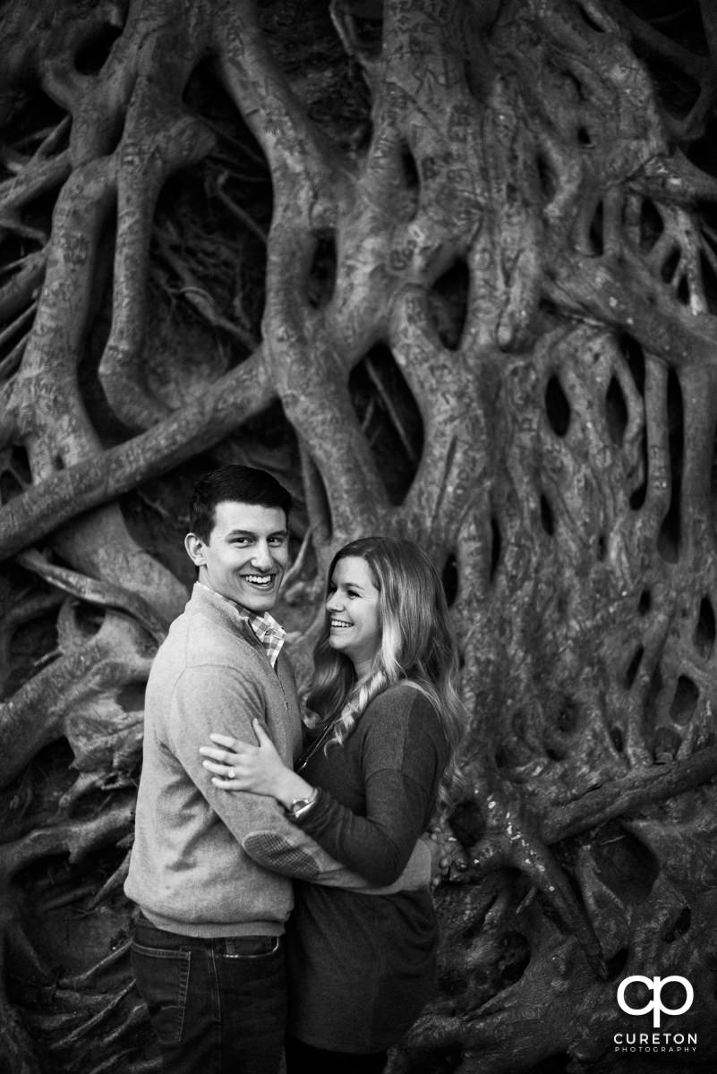 Engaged couple in front of the roots tree in downtown Greenville.
