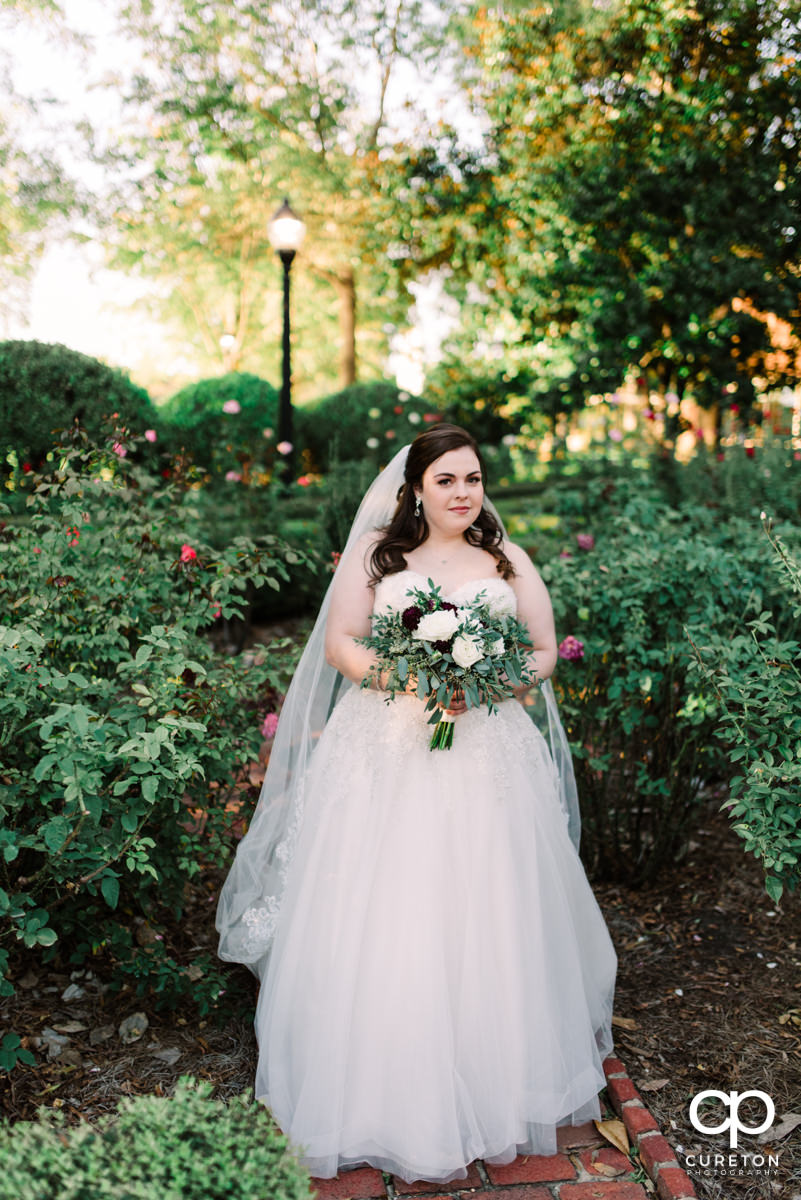 Bride in the rose garden at Furman University.