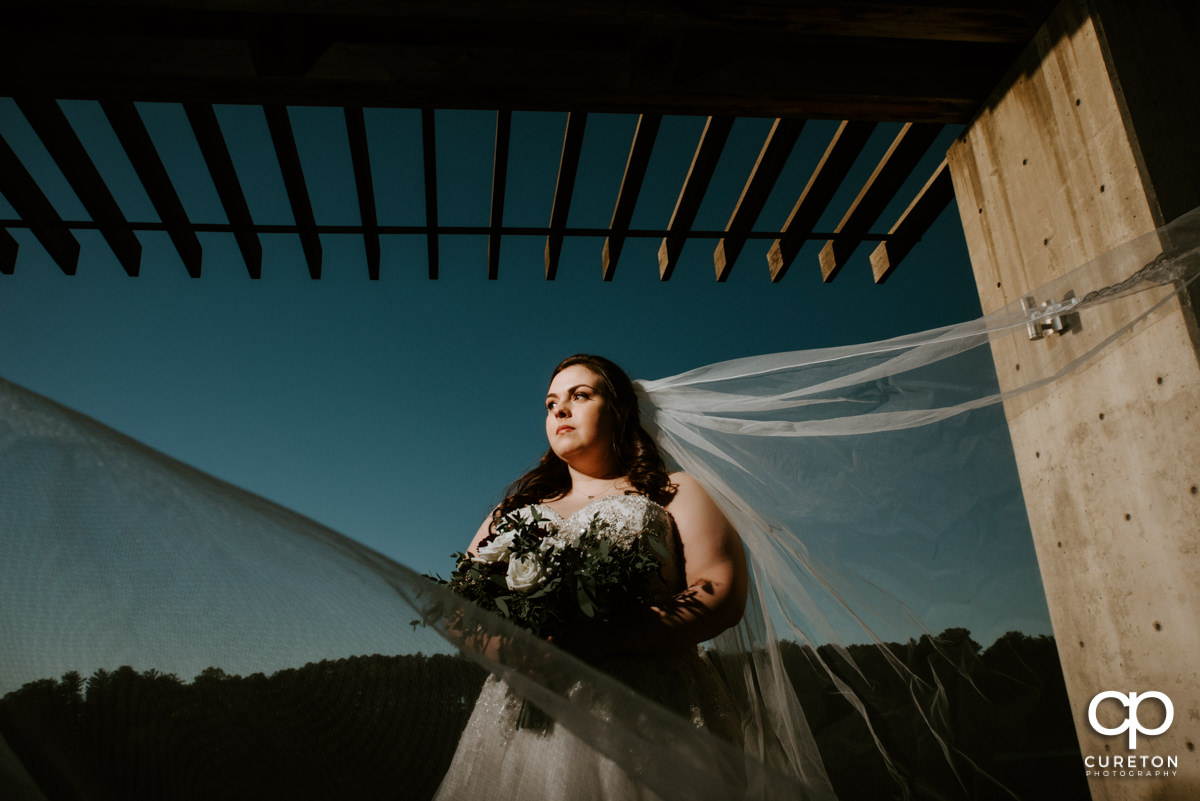 Bride looking into the sunset with her veil blowing in the wind by the lake at Furman University.
