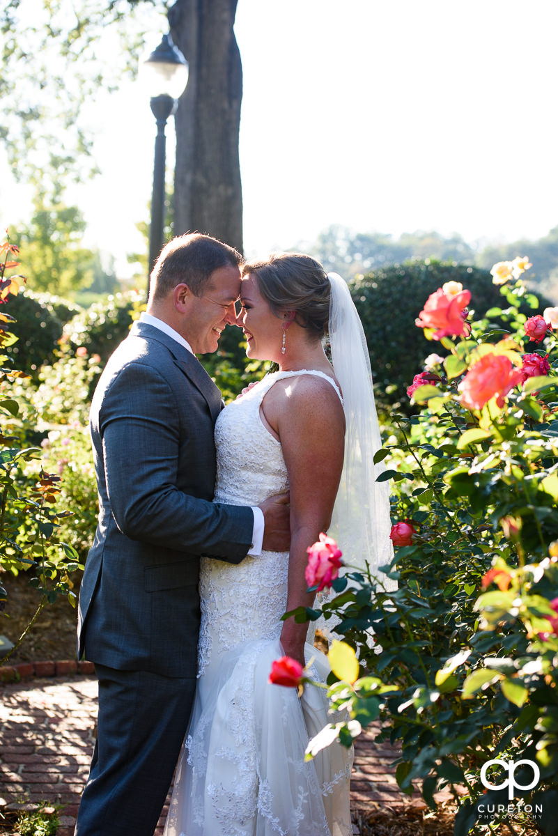 Bride and groom in the rose garden.