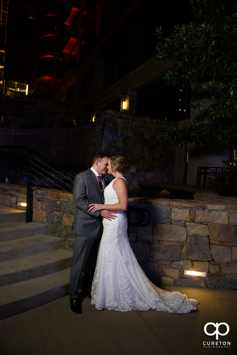 Bride and groom dancing in downtown Greenville,SC.