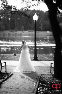 Black and white bridal by teh lake at Furman.