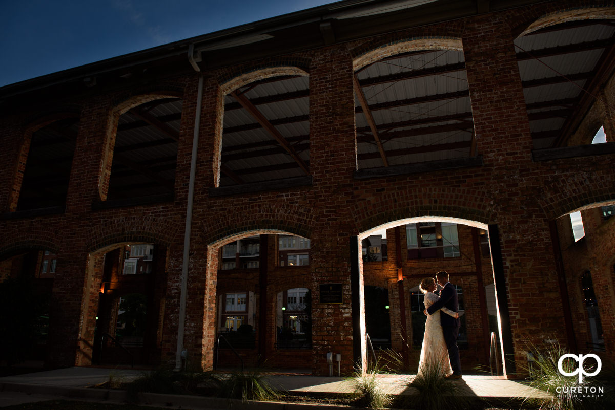 Bride and groom dancing in the Wyche Pavilion at their wedding reception at Larkin's downtown.