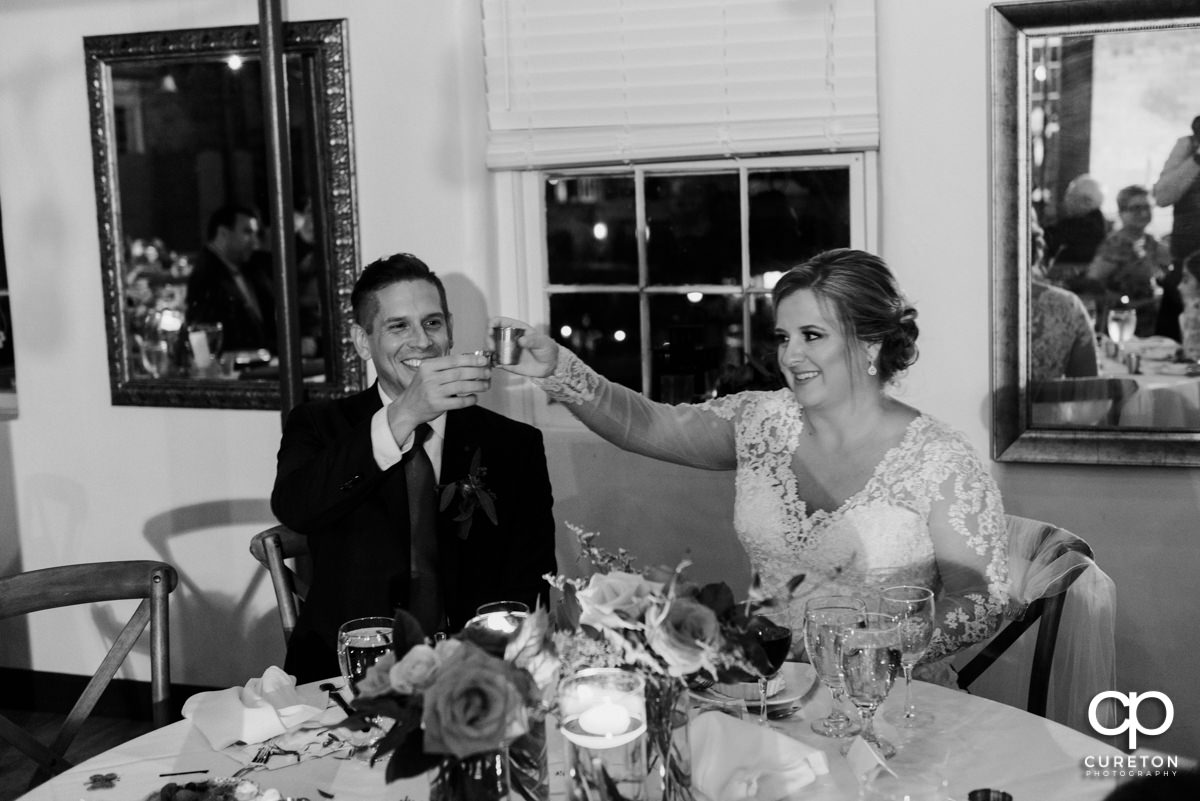 Bride and groom toasting.