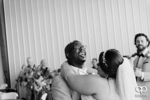 Bride and groom first dance at the Runway Cafe Hangar.