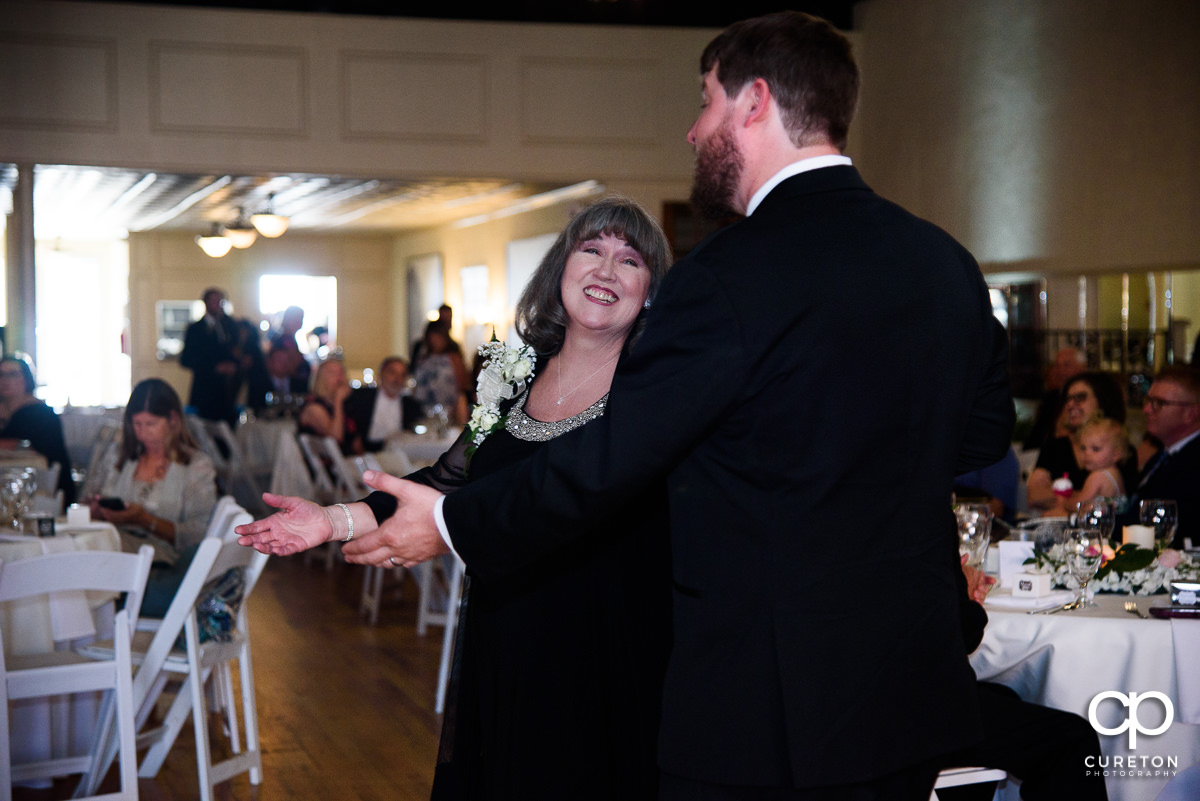 Groom dancing with his mother at the Grace Hall wedding reception in downtown Greer,SC.