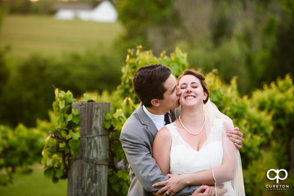 Groom kissing his bride in the vineyard at Greenbrier Farms.