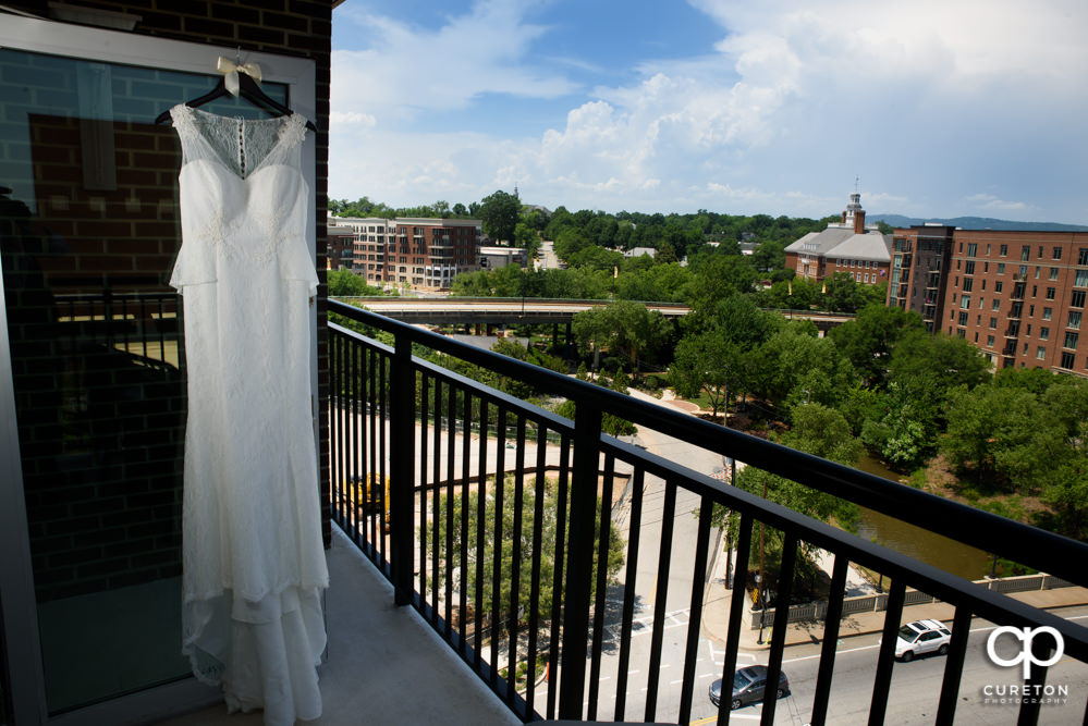 Bridal dress with a view of downtown Greenville in the background.