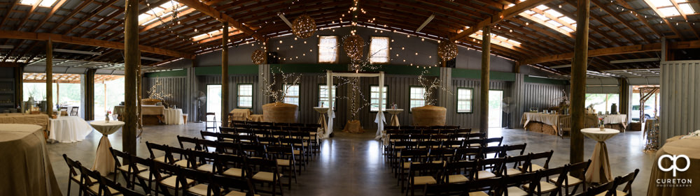 Pano of a Greenbrier Farms indoor wedding.