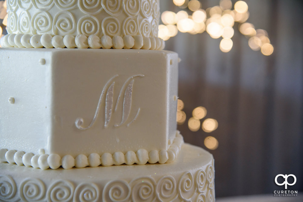 Closeup of a wedding cake.