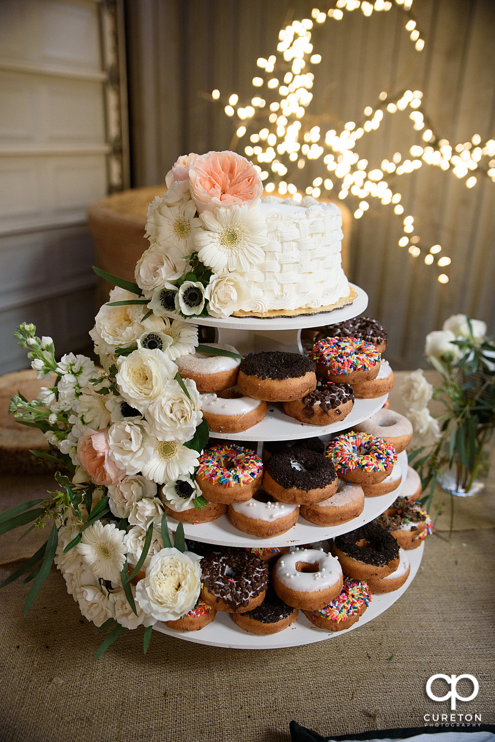 Donut cake display at the wedding.
