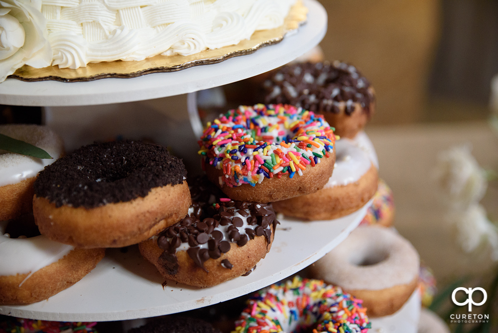 Donut cake display at the wedding.