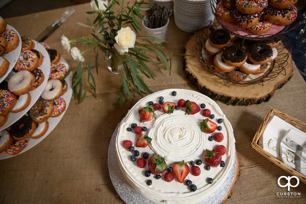 Donut cake display at the wedding.