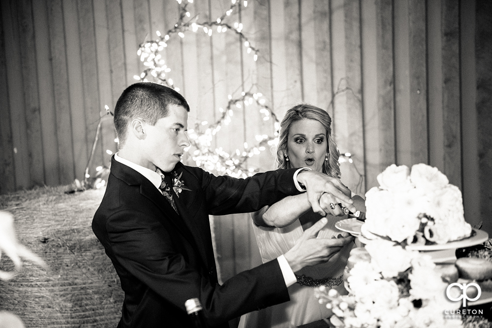 Bride and groom cutting the cake.