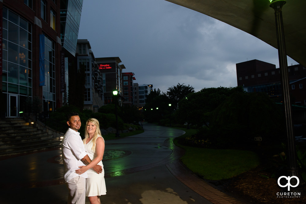 Bride and groom in downtown.