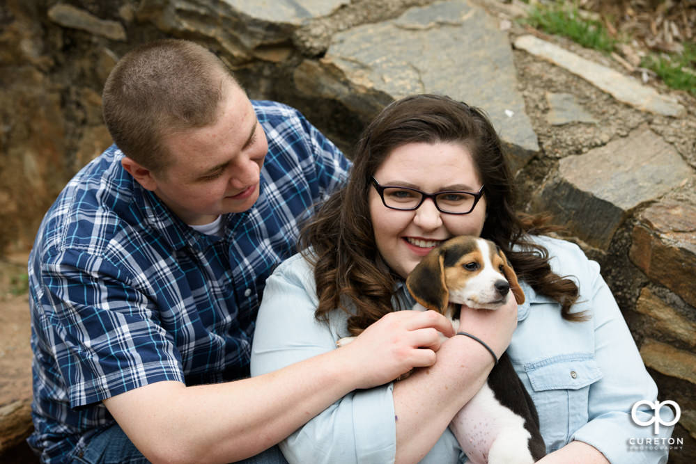 Engaged couple with a beagle puppy.