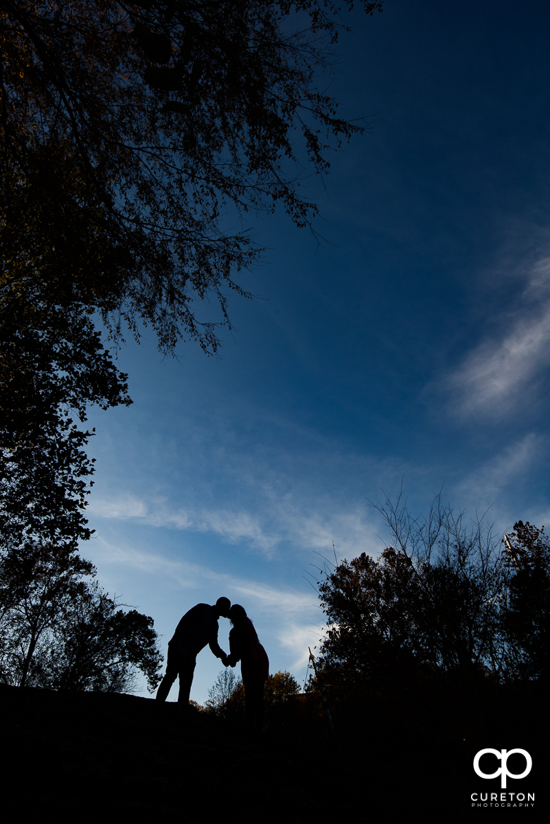 Silhouette of an engaged couple kissing in the park.
