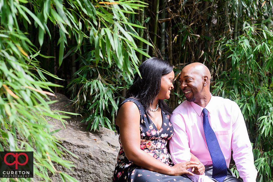 Bride and Groom posing in some bamboo at the Rock Quarry Garden.