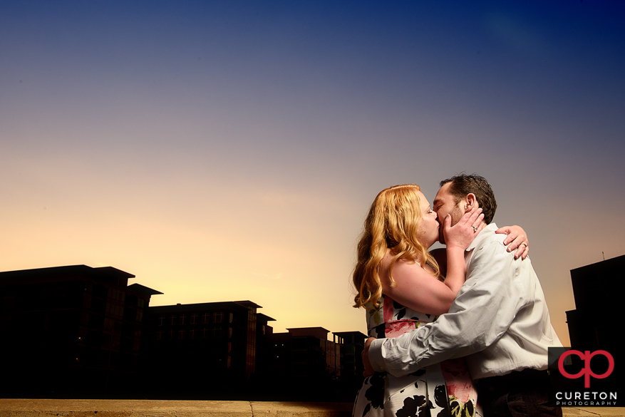 Greenville SC downtown engagement at sunset.