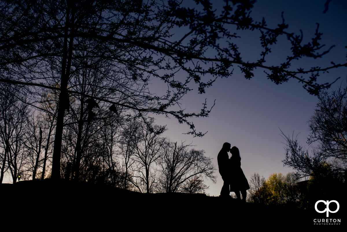 Silhouette of a couple kissing in the park during a Greenville,SC park engagement session.