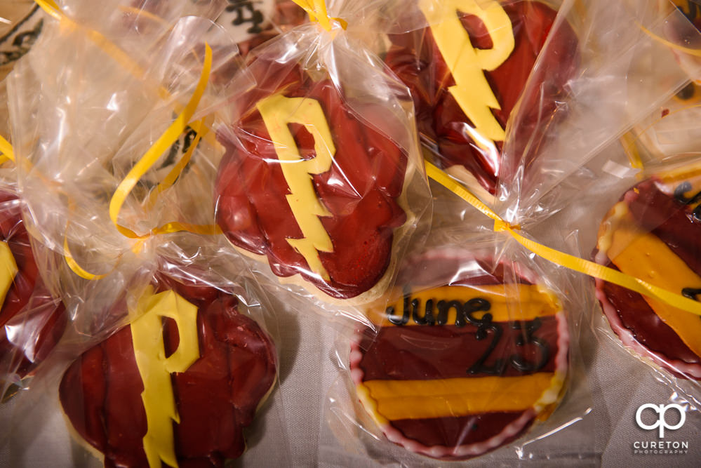 Custom Harry Potter cookies at the wedding rehearsal dinner.