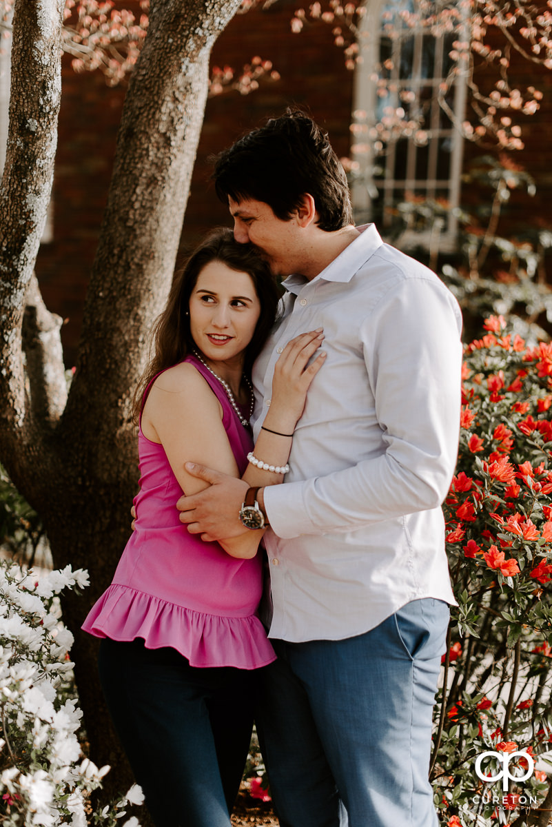 Engaged couple snuggling in between some flowering shrubs in Greer,SC.