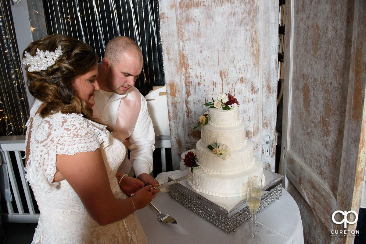 Bride and groom cutting the cake.