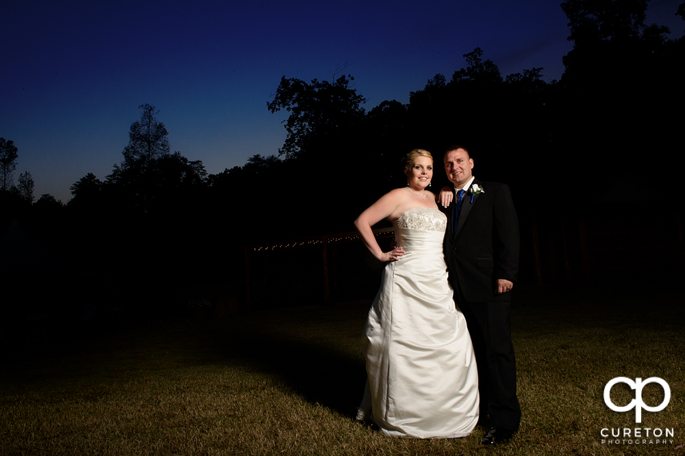 Bride and groom at sunset.