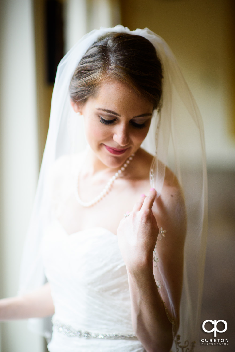 Bride holding her veil.