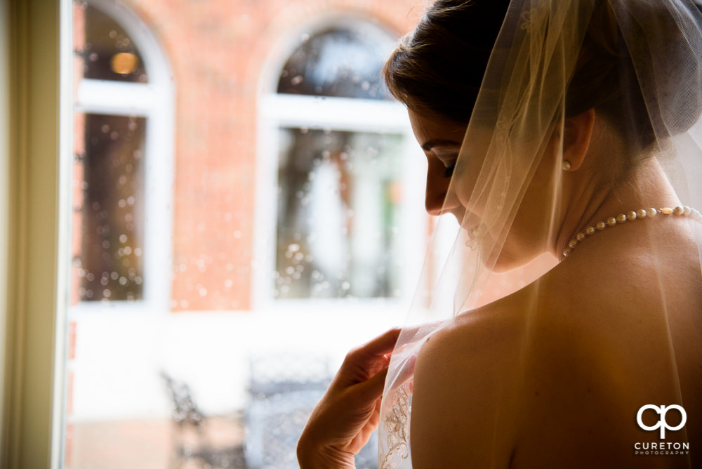 Bride holding her veil.