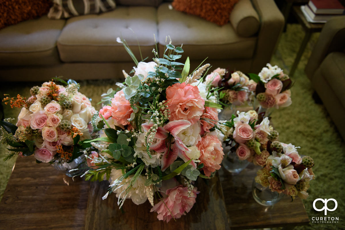 Bridal flowers on a table.