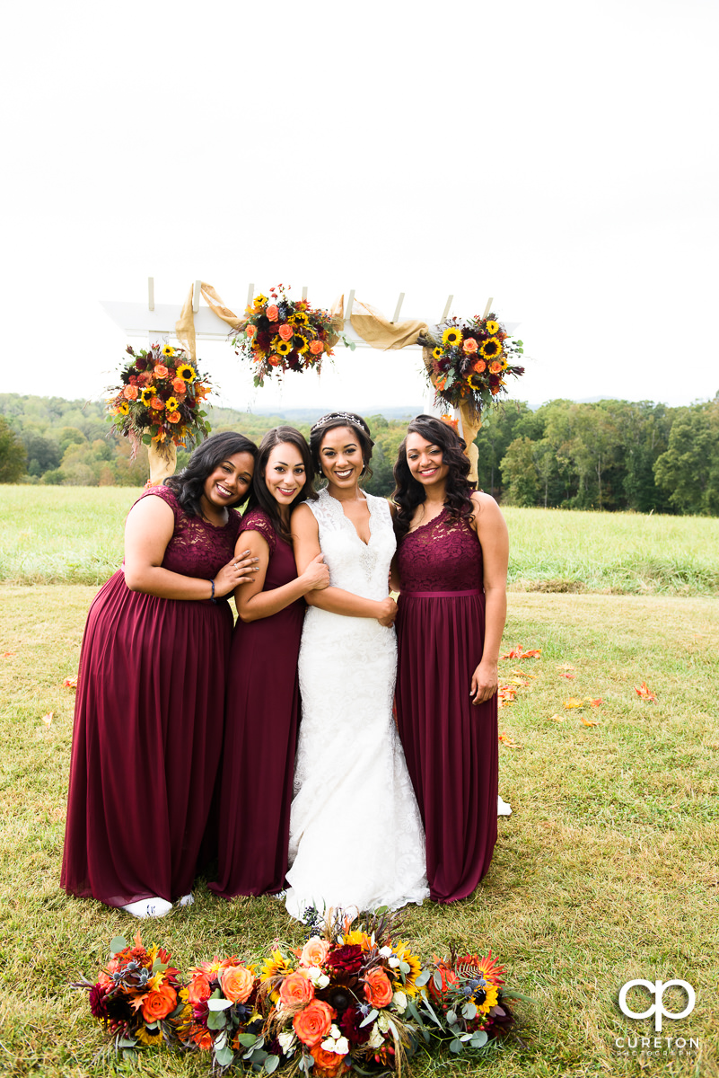 Bridesmaids in the meadow at Lindsey Plantation.